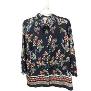Chico’s Floral Blouse Blue Colorful Sz 2 Medium Button Down, Top, Office Boho